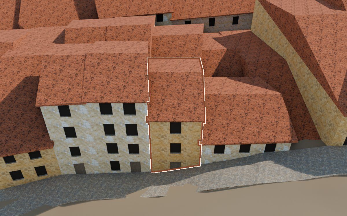 Manzana 43, n.º 24 en la reconstrucción 3D, vista desde el lado en que mejor se ve, con su contorno marcado en teja entre las casas de alrededor