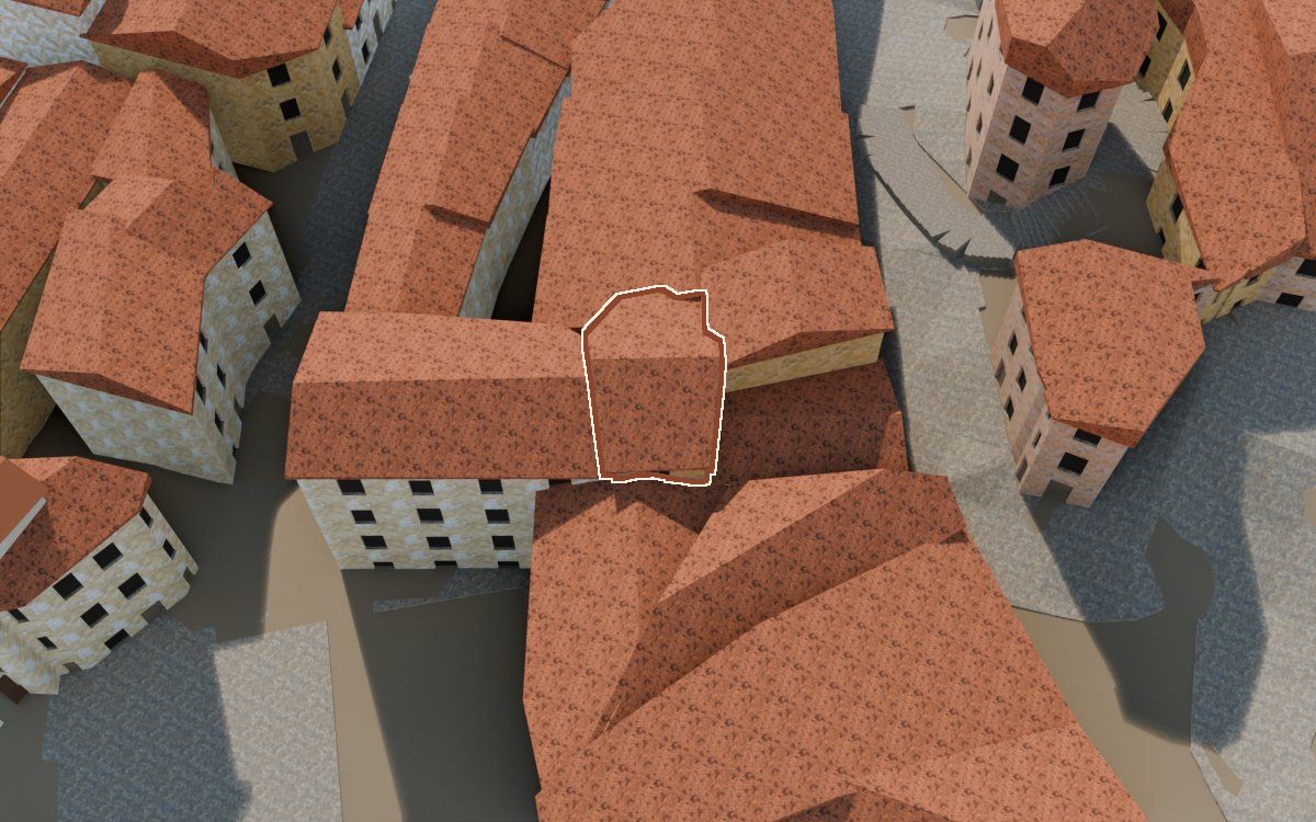 Manzana 23, n.º 12 en la reconstrucción 3D, vista desde el lado en que mejor se ve, con su contorno marcado en teja entre las casas de alrededor