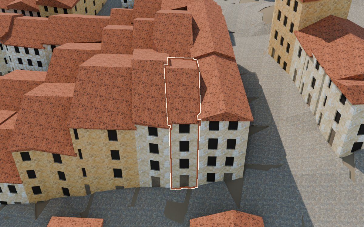 Casa del Carrer del Calvari (Calle del Calvario) en la reconstrucción 3D, vista desde su calle, con su contorno marcado en teja entre las casas de alrededor