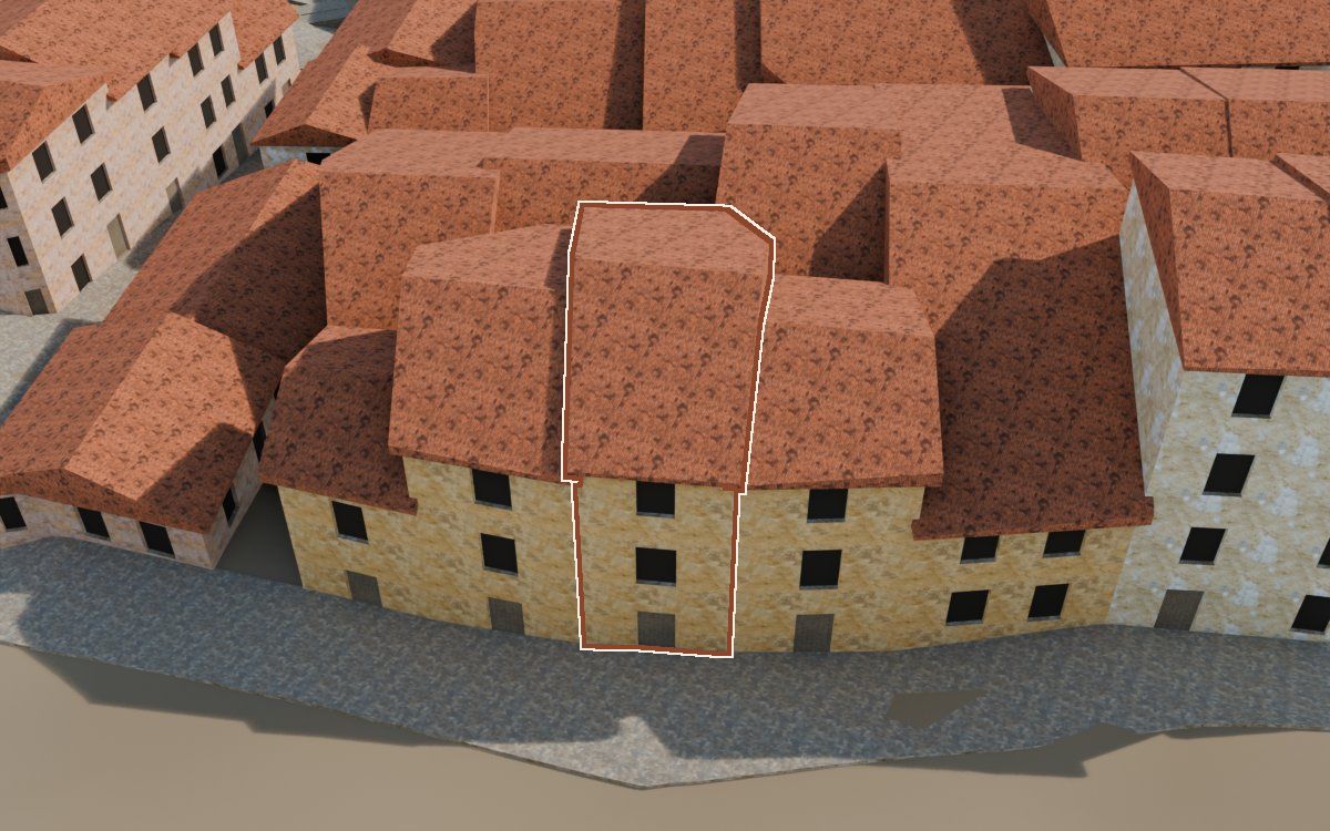 Casa del Carrer de les Creus (Calle de las Cruces) en la reconstrucción 3D, vista desde el lado en que mejor se ve, con su contorno marcado en teja entre las casas de alrededor