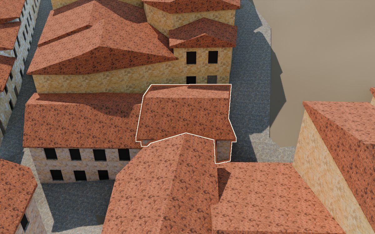 Manzana 43, n.º 18 en la reconstrucción 3D, vista desde su calle, con su contorno marcado en teja entre las casas de alrededor
