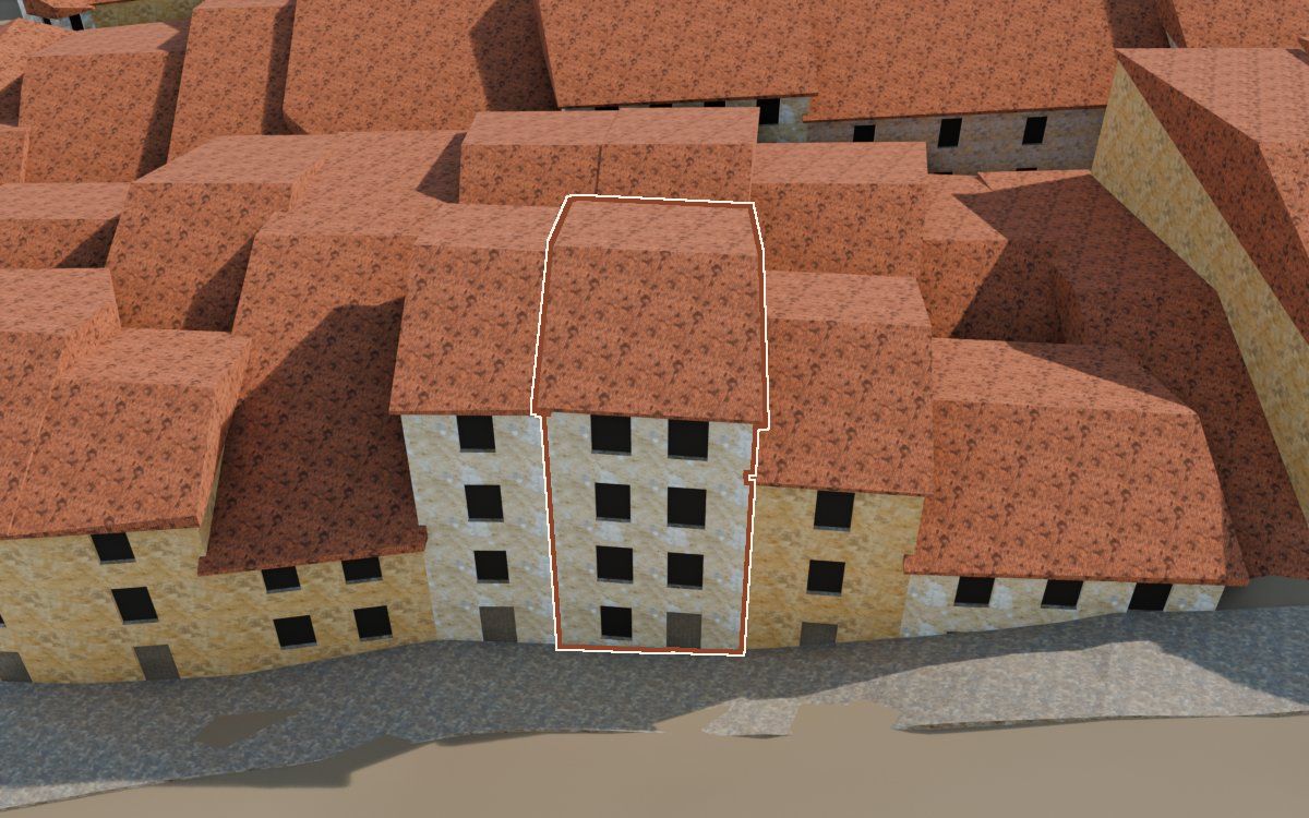 Manzana 43, n.º 23 en la reconstrucción 3D, vista desde el lado en que mejor se ve, con su contorno marcado en teja entre las casas de alrededor