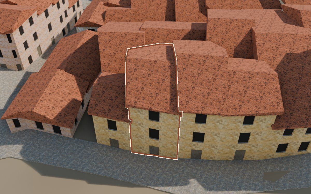 Manzana 43, n.º 20 en la reconstrucción 3D, vista desde el lado en que mejor se ve, con su contorno marcado en teja entre las casas de alrededor