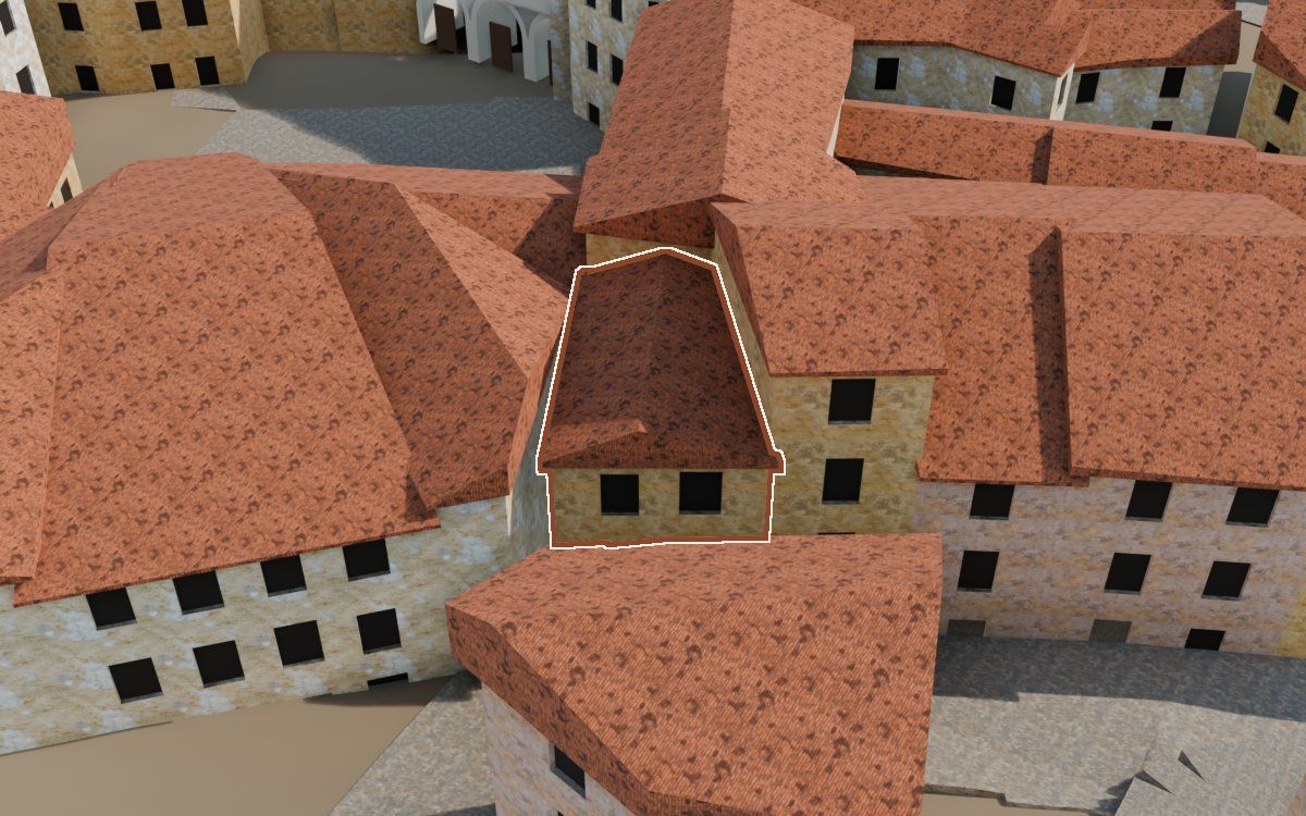 Manzana 23, n.º 11 en la reconstrucción 3D, vista desde su calle, con su contorno marcado en teja entre las casas de alrededor