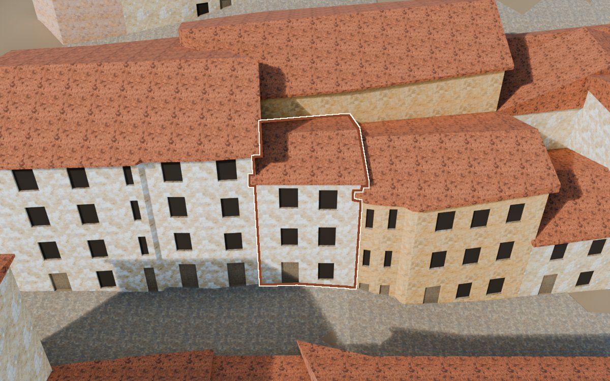 Manzana 44, n.º 4 en la reconstrucción 3D, vista desde su calle, con su contorno marcado en teja entre las casas de alrededor