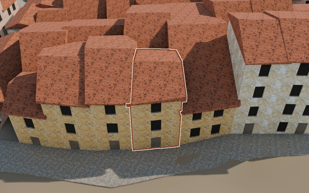 Manzana 43, n.º 21 en la reconstrucción 3D, vista desde el lado en que mejor se ve, con su contorno marcado en teja entre las casas de alrededor