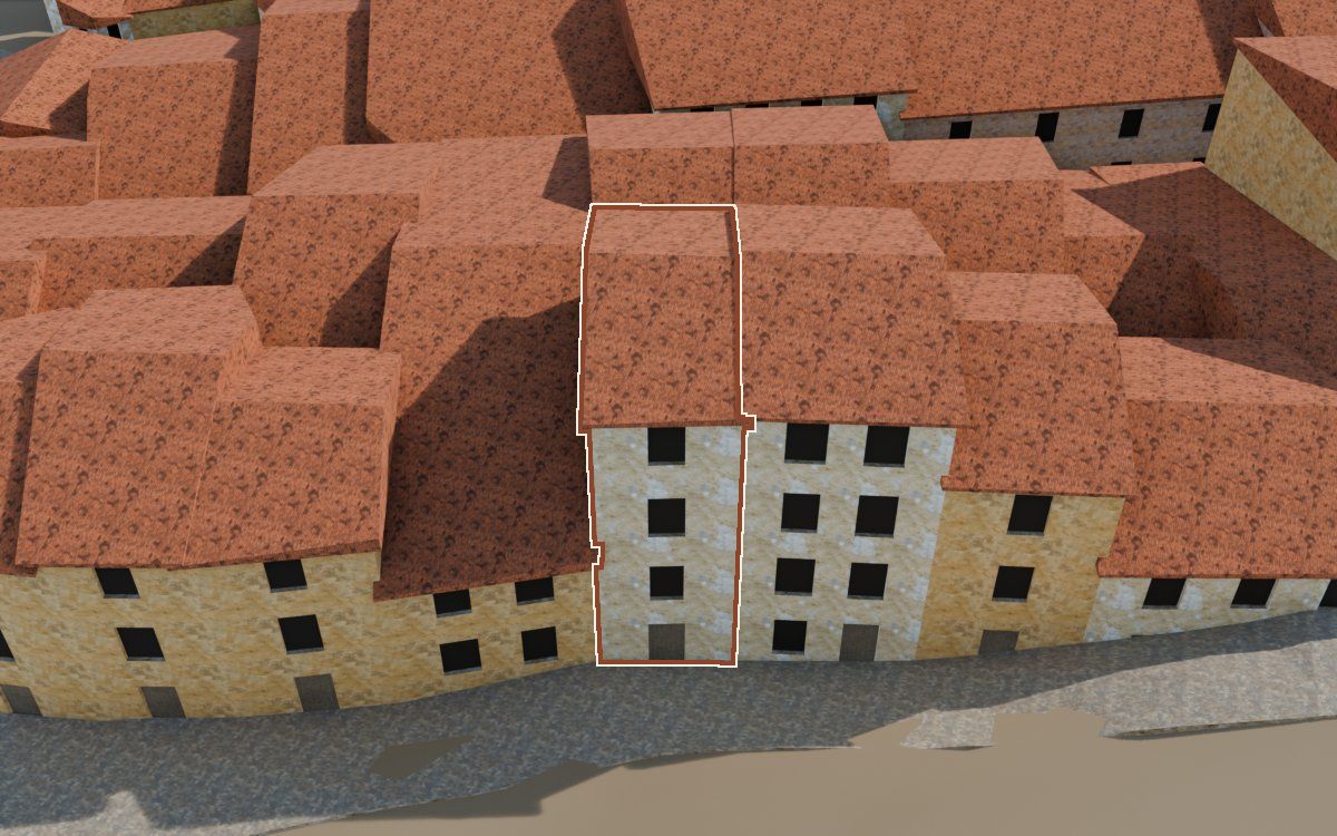 Manzana 43, n.º 22 en la reconstrucción 3D, vista desde el lado en que mejor se ve, con su contorno marcado en teja entre las casas de alrededor