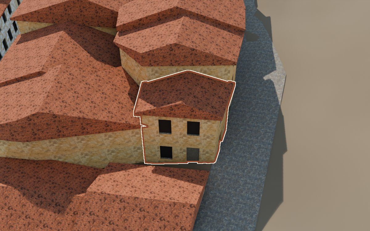 Manzana 43, n.º 19 en la reconstrucción 3D, vista desde el lado en que mejor se ve, con su contorno marcado en teja entre las casas de alrededor