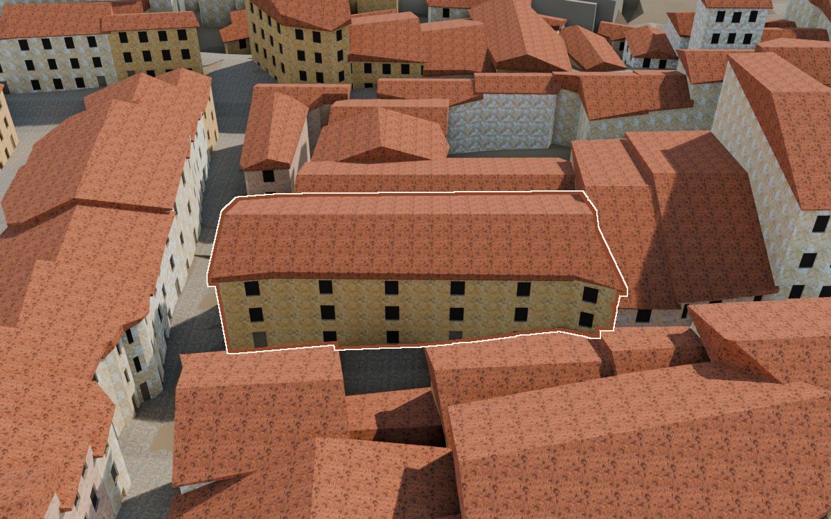 Manzana 26, n.º 7 y 8 en la reconstrucción 3D, vista desde su calle, con su contorno marcado en teja entre las casas de alrededor