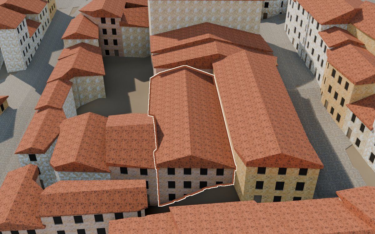 Manzana 26, n.º 6 en la reconstrucción 3D, vista desde su calle, con su contorno marcado en teja entre las casas de alrededor
