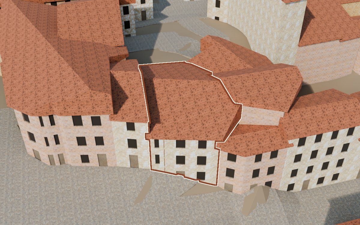 Casa del Carrer Saragossa (Calle Zaragoza) en la reconstrucción 3D, vista desde su calle, con su contorno marcado en teja entre las casas de alrededor