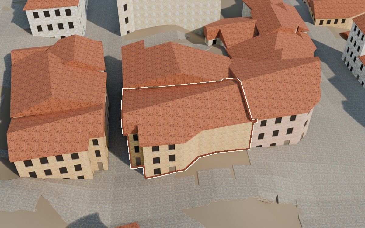 Manzana 26, n.º 19 en la reconstrucción 3D, vista desde el lado en que mejor se ve, con su contorno marcado en teja entre las casas de alrededor