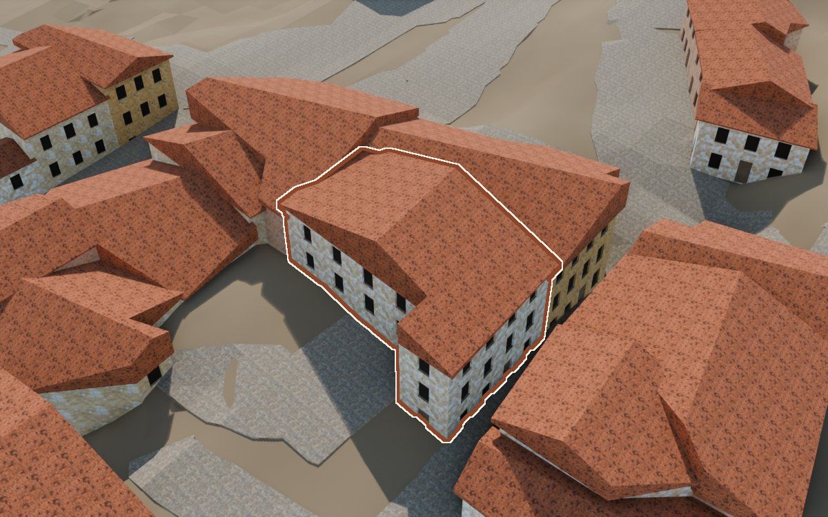 Manzana 26, n.º 18 en la reconstrucción 3D, vista desde el lado en que mejor se ve, con su contorno marcado en teja entre las casas de alrededor
