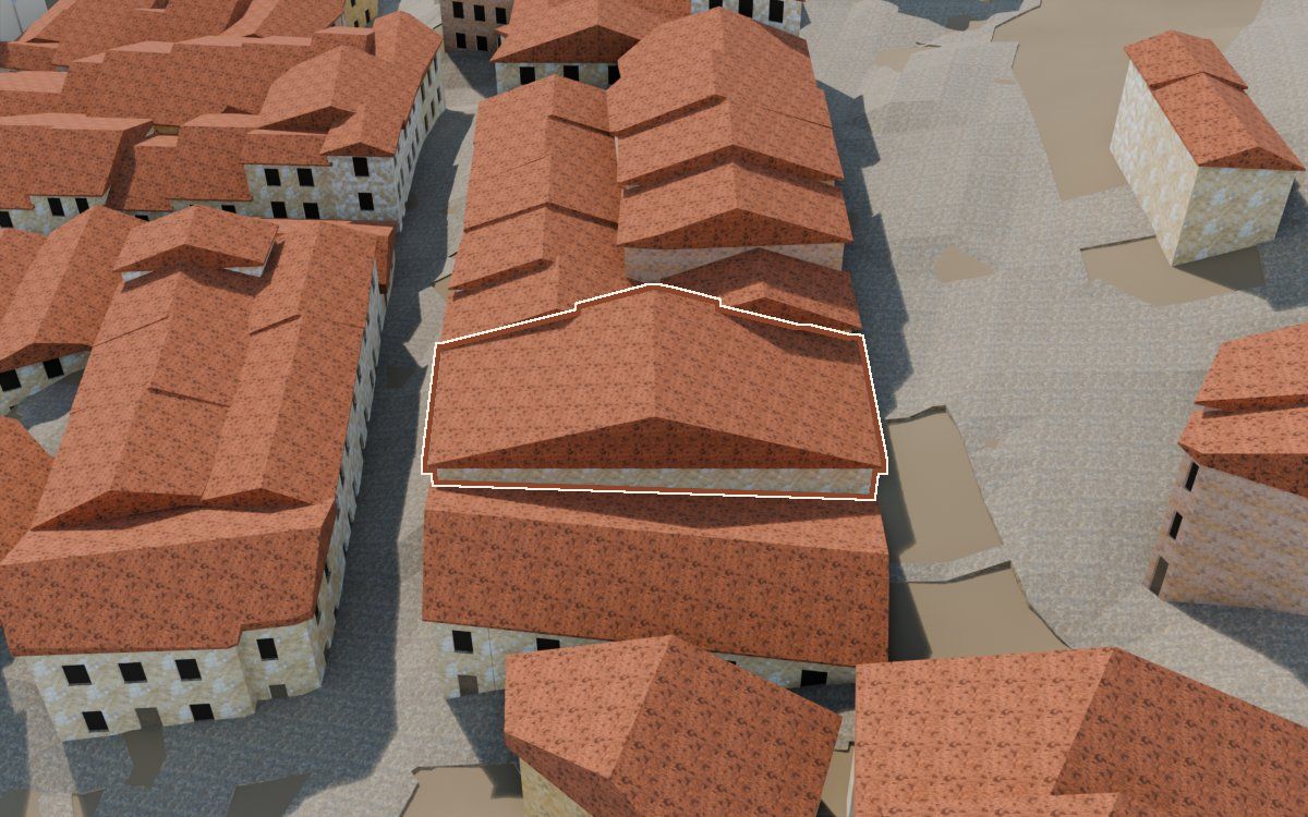 Manzana 53, n.º 1 en la reconstrucción 3D, vista desde su calle, con su contorno marcado en teja entre las casas de alrededor