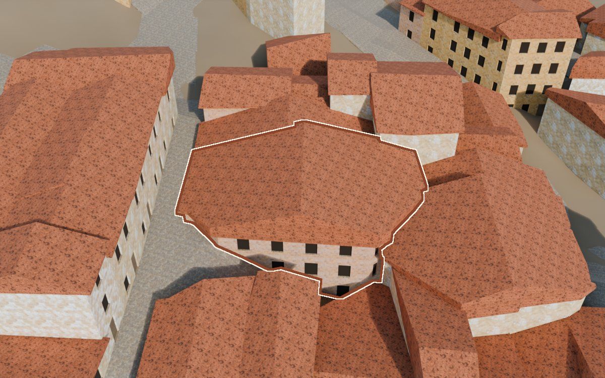 Manzana 33, n.º 10 y 11 en la reconstrucción 3D, vista desde el lado en que mejor se ve, con su contorno marcado en teja entre las casas de alrededor