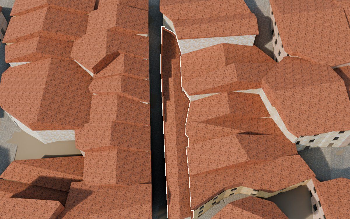 Manzana 33, n.º 18 en la reconstrucción 3D, vista desde el lado en que mejor se ve, con su contorno marcado en teja entre las casas de alrededor