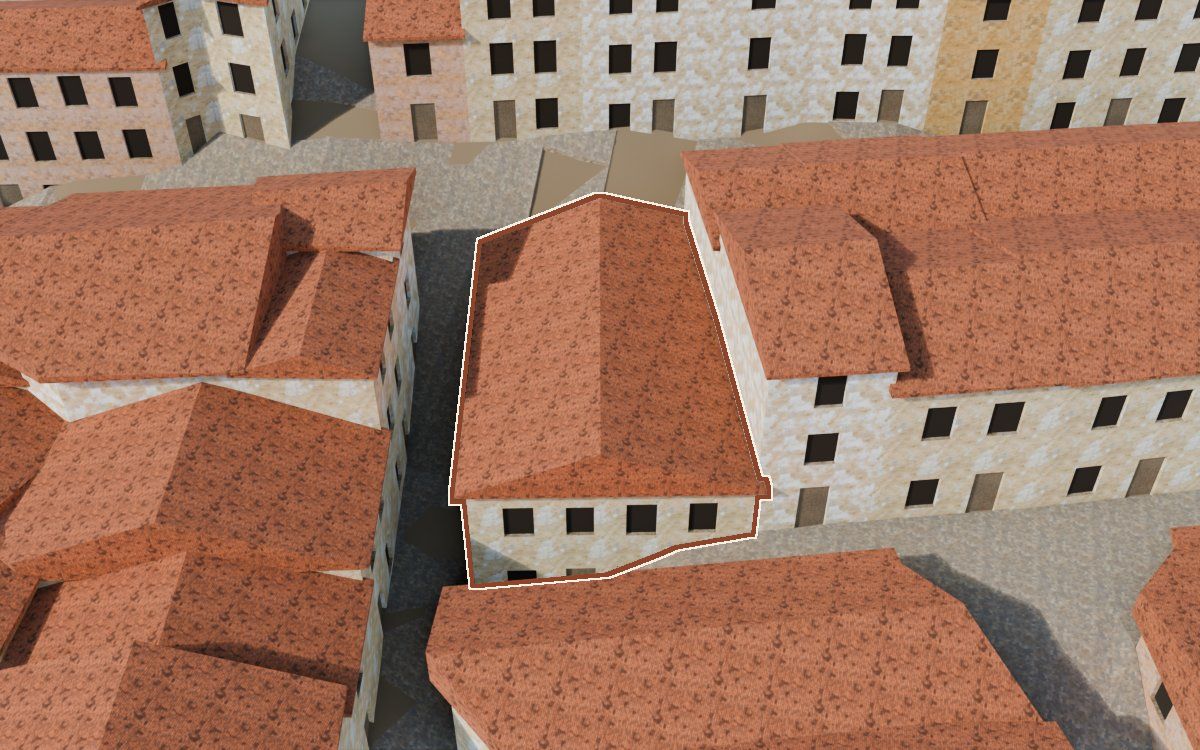 Manzana 40, n.º 12 en la reconstrucción 3D, vista desde el lado en que mejor se ve, con su contorno marcado en teja entre las casas de alrededor