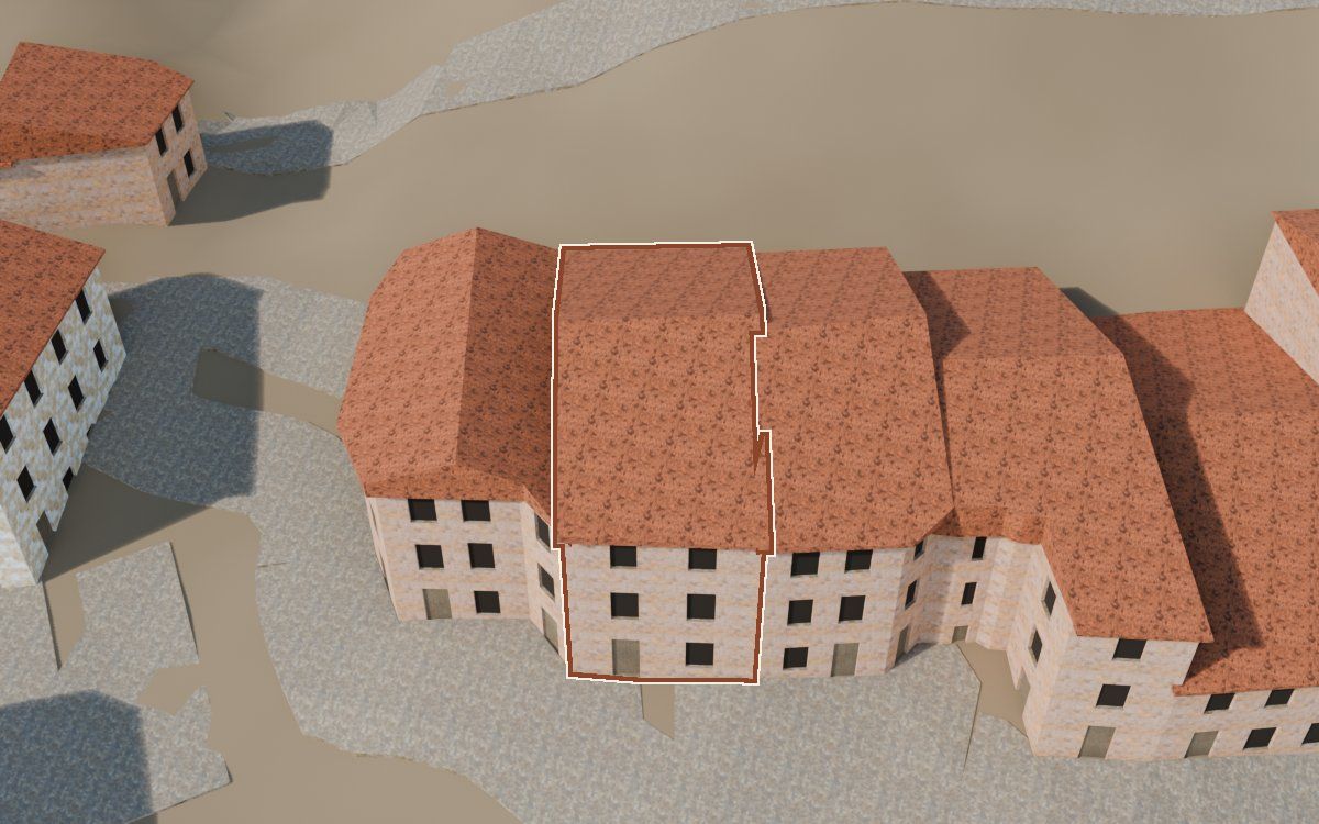Manzana 61, n.º 2 en la reconstrucción 3D, vista desde el lado en que mejor se ve, con su contorno marcado en teja entre las casas de alrededor