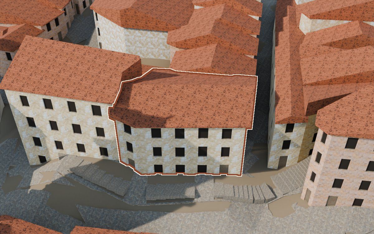 Manzana 32, n.º 29 y 32 en la reconstrucción 3D, vista desde su calle, con su contorno marcado en teja entre las casas de alrededor