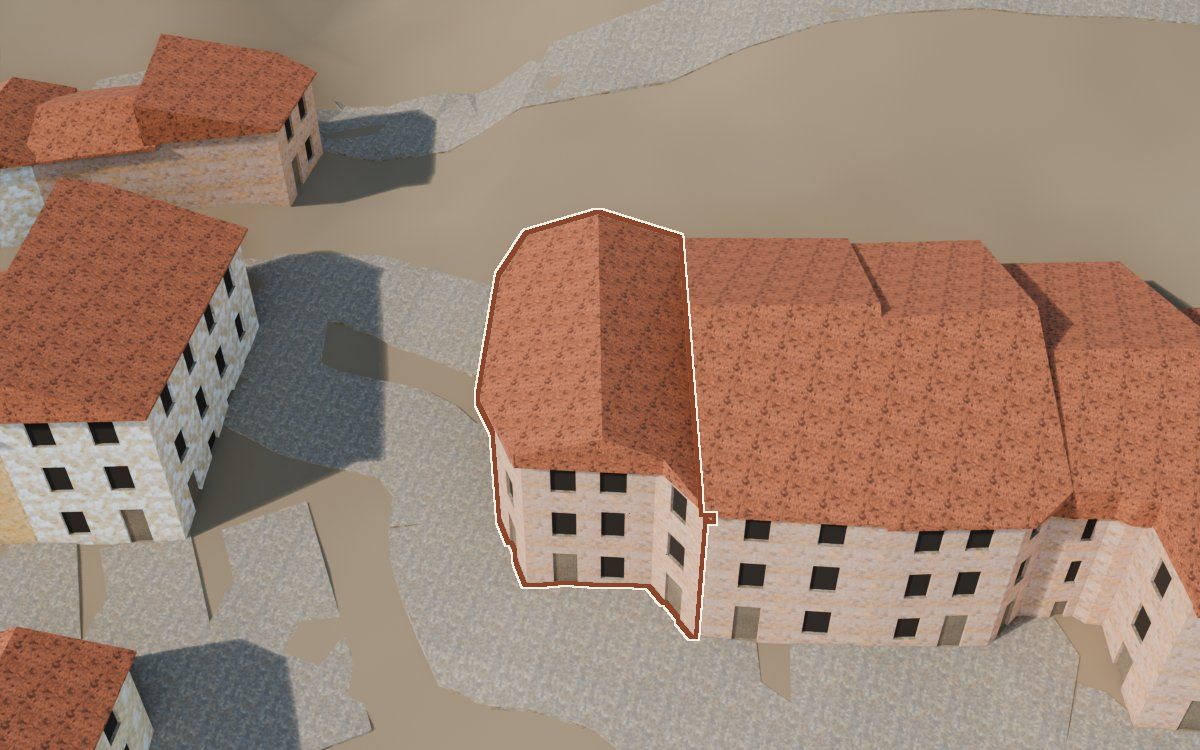 Manzana 61, n.º 1 en la reconstrucción 3D, vista desde el lado en que mejor se ve, con su contorno marcado en teja entre las casas de alrededor