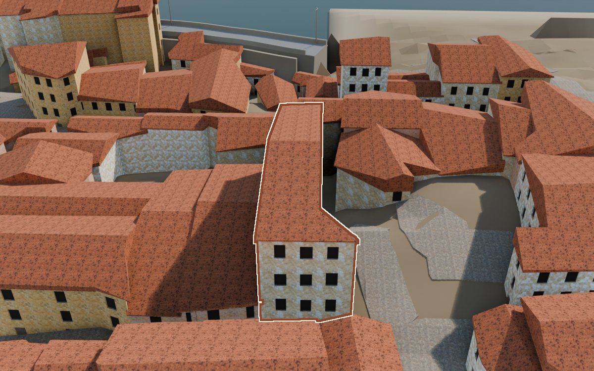 Manzana 26, n.º 14 en la reconstrucción 3D, vista desde su calle, con su contorno marcado en teja entre las casas de alrededor