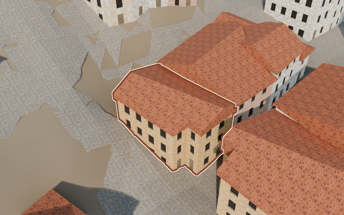 Manzana 45, n.º 1 en la reconstrucción 3D, vista desde el lado en que mejor se ve, con su contorno marcado en teja entre las casas de alrededor