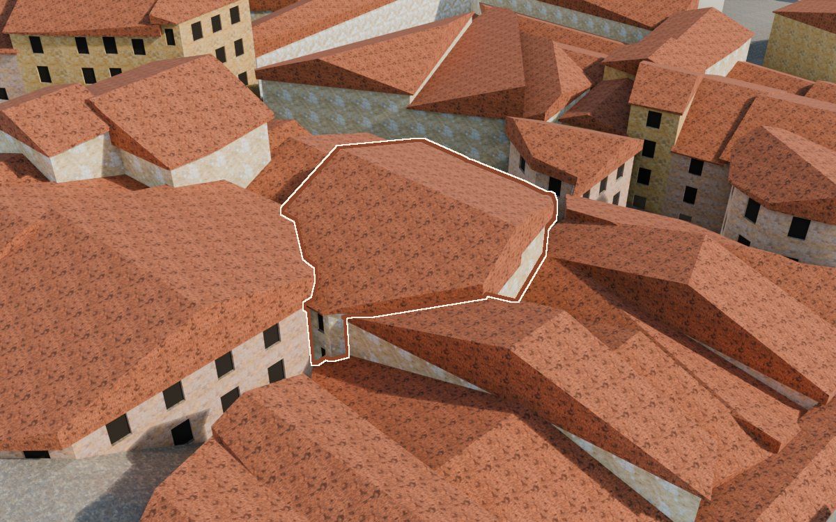 Manzana 33, n.º 23 y 22 en la reconstrucción 3D, vista desde su calle, con su contorno marcado en teja entre las casas de alrededor