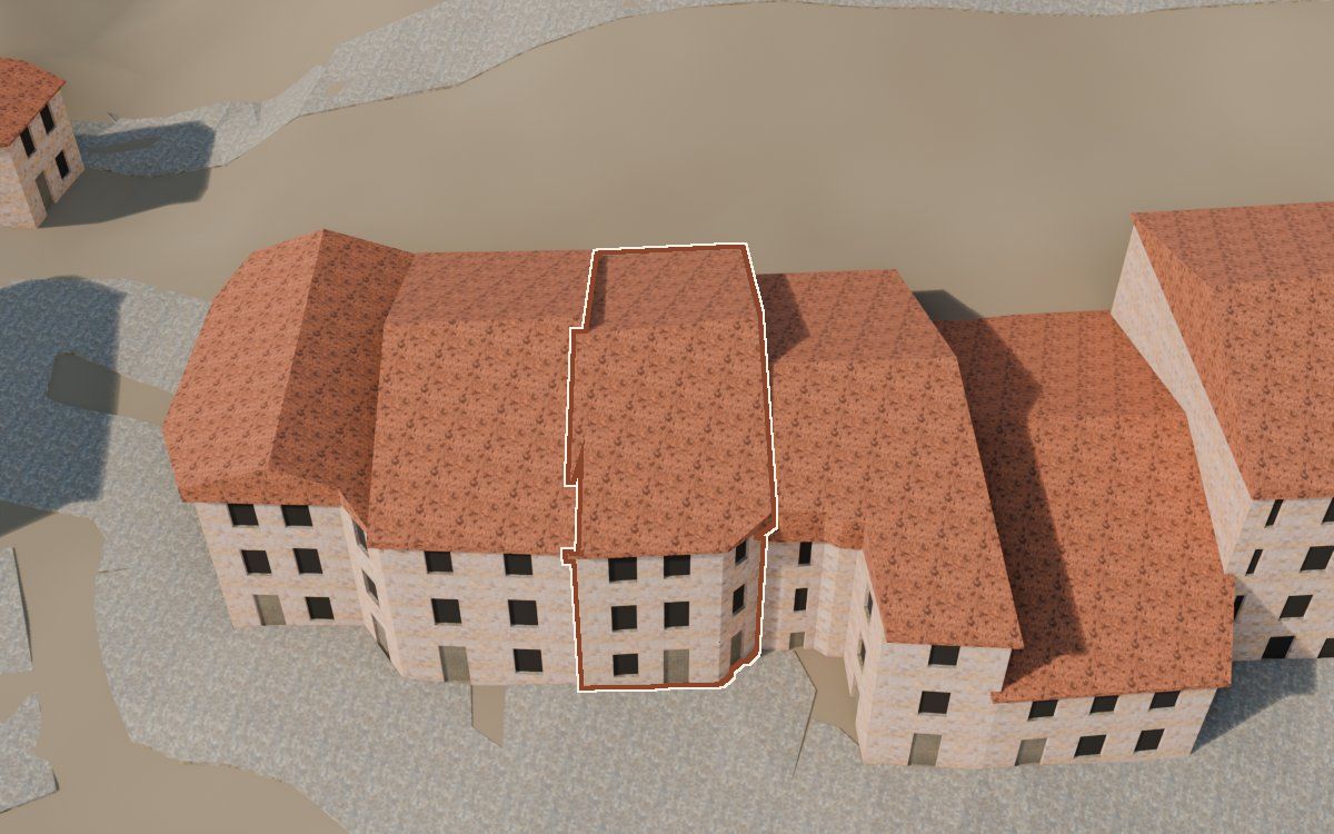 Manzana 61, n.º 3 en la reconstrucción 3D, vista desde el lado en que mejor se ve, con su contorno marcado en teja entre las casas de alrededor