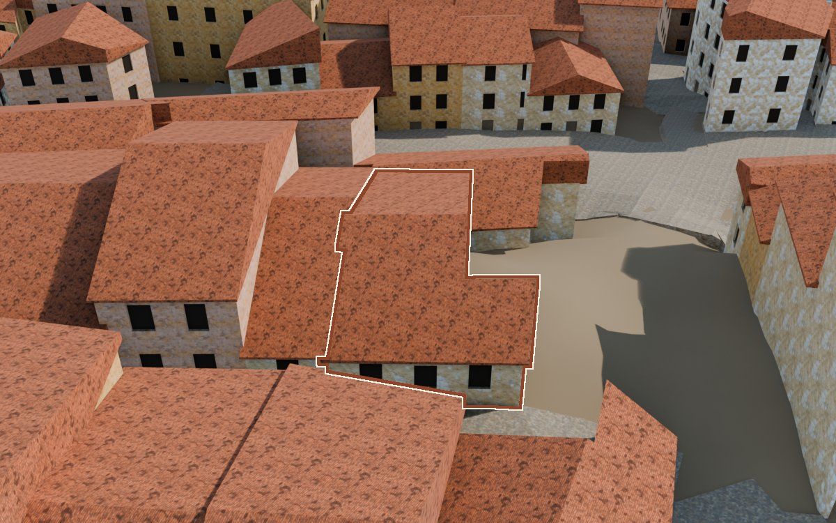 Casa del Carrer Nou (Calle Nueva) en la reconstrucción 3D, vista desde su calle, con su contorno marcado en teja entre las casas de alrededor