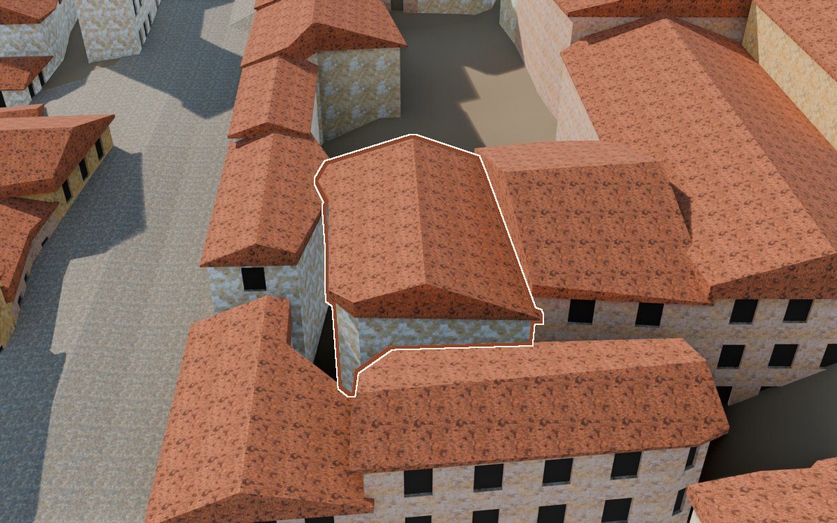 Casa del Carrer Saragossa (Calle Zaragoza) en la reconstrucción 3D, vista desde su calle, con su contorno marcado en teja entre las casas de alrededor