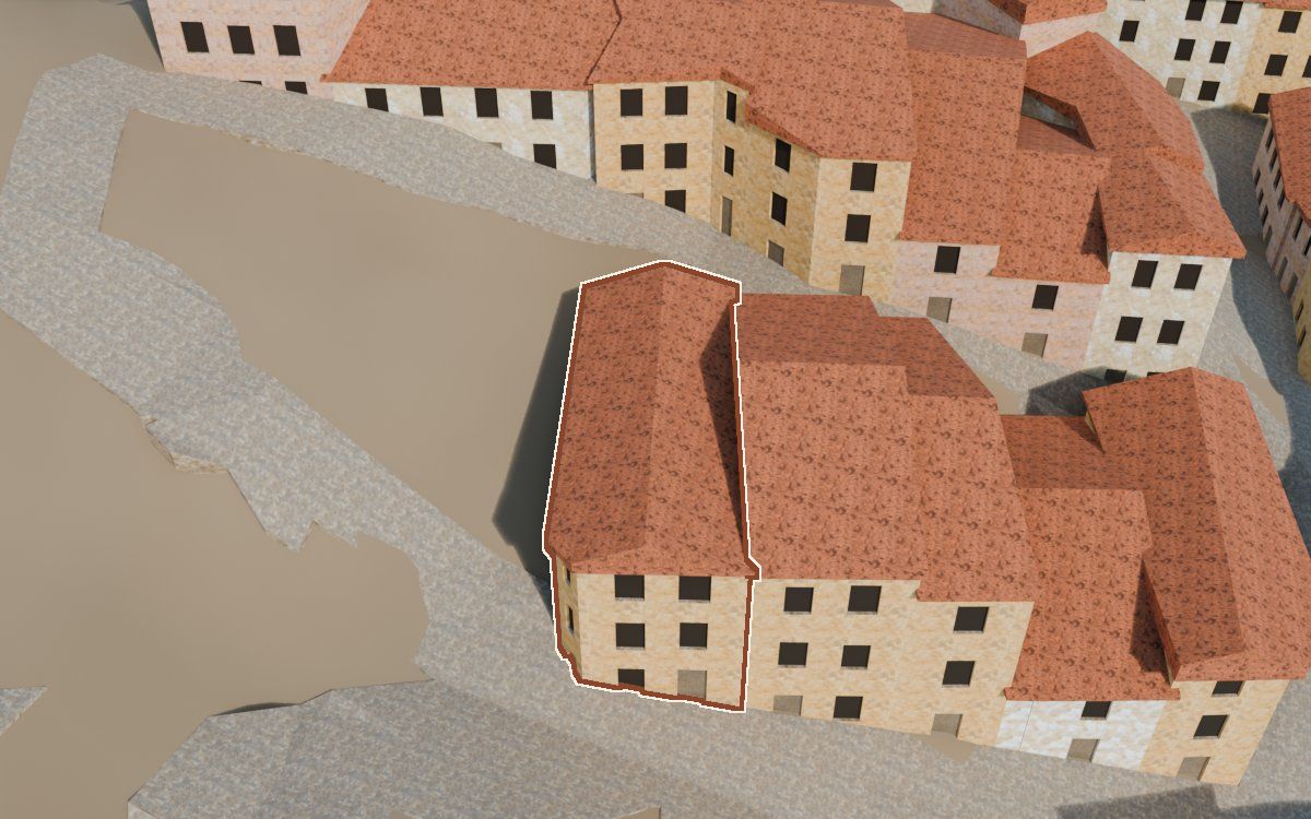 Manzana 42, n.º 1 en la reconstrucción 3D, vista desde el lado en que mejor se ve, con su contorno marcado en teja entre las casas de alrededor