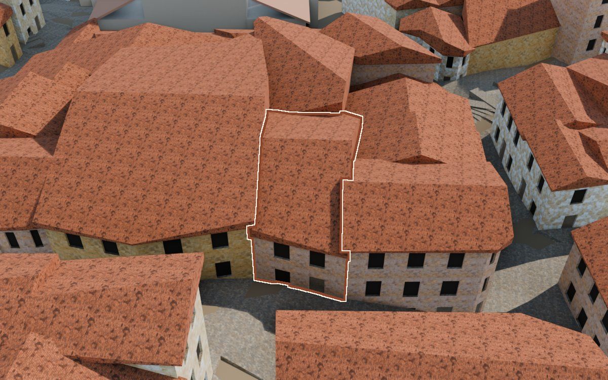 Manzana 31, n.º 13 en la reconstrucción 3D, vista desde el lado en que mejor se ve, con su contorno marcado en teja entre las casas de alrededor