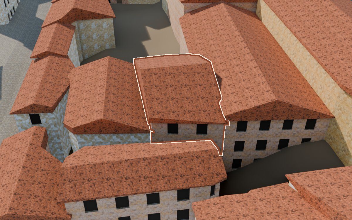 Manzana 26, n.º 5 en la reconstrucción 3D, vista desde su calle, con su contorno marcado en teja entre las casas de alrededor