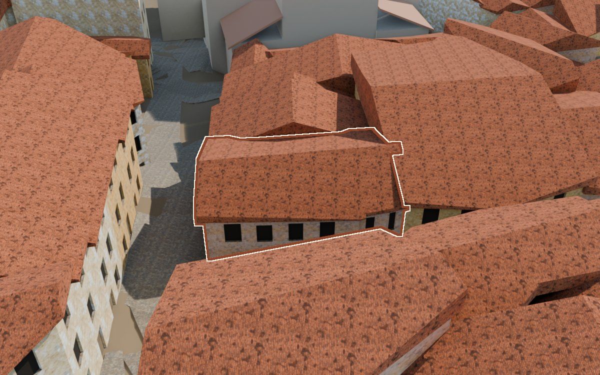Manzana 31, n.º 15 y 17 en la reconstrucción 3D, vista desde su calle, con su contorno marcado en teja entre las casas de alrededor