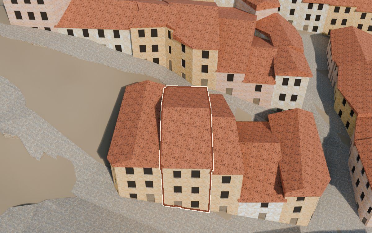 Manzana 42, n.º 2 en la reconstrucción 3D, vista desde el lado en que mejor se ve, con su contorno marcado en teja entre las casas de alrededor