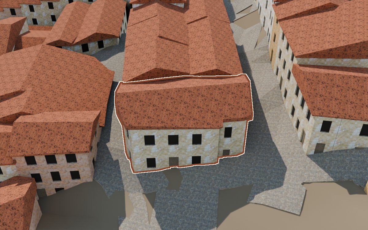 Manzana 40, n.º 6 y 8 en la reconstrucción 3D, vista desde su calle, con su contorno marcado en teja entre las casas de alrededor