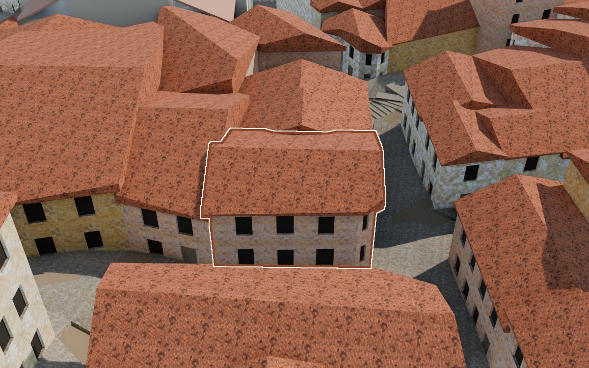 Manzana 31, parcela sin número leído en la reconstrucción 3D, vista desde su calle, con su contorno marcado en teja entre las casas de alrededor