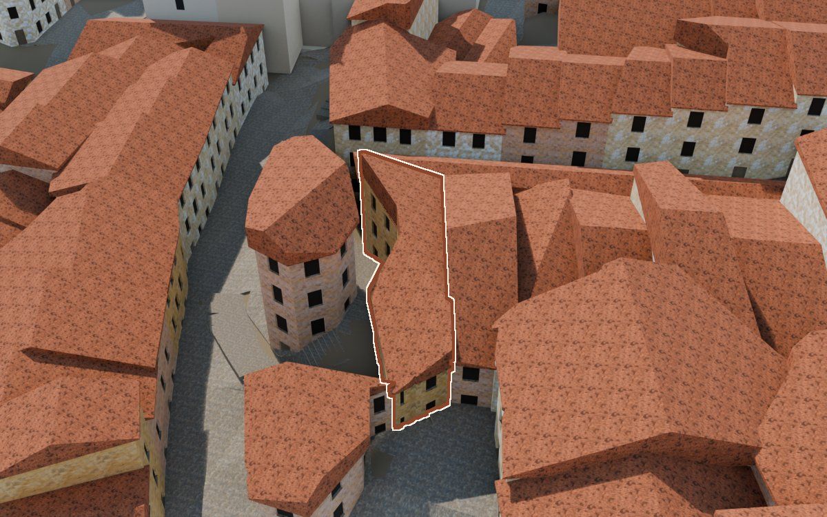 Manzana 33, n.º 18 y 1 en la reconstrucción 3D, vista desde el lado en que mejor se ve, con su contorno marcado en teja entre las casas de alrededor
