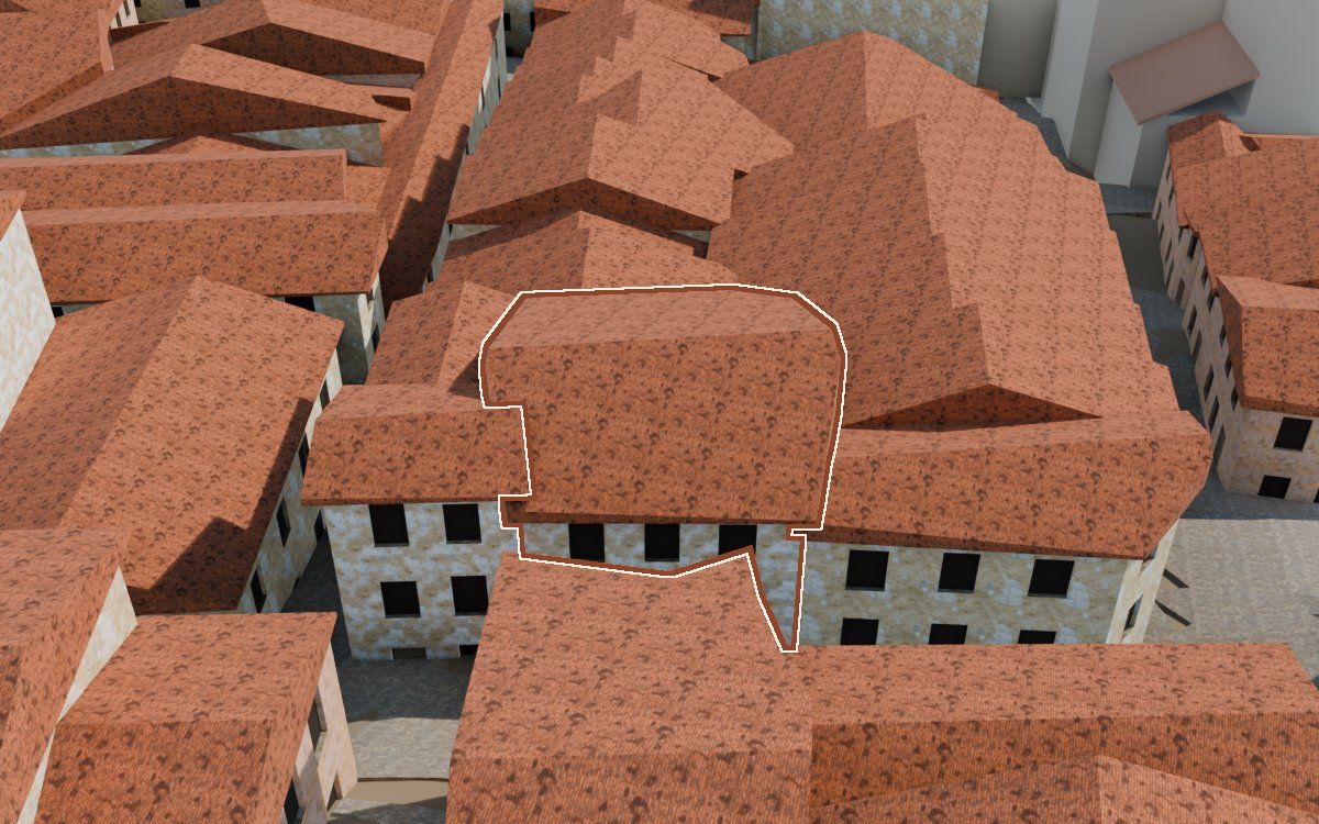 Manzana 32, n.º 15 en la reconstrucción 3D, vista desde su calle, con su contorno marcado en teja entre las casas de alrededor