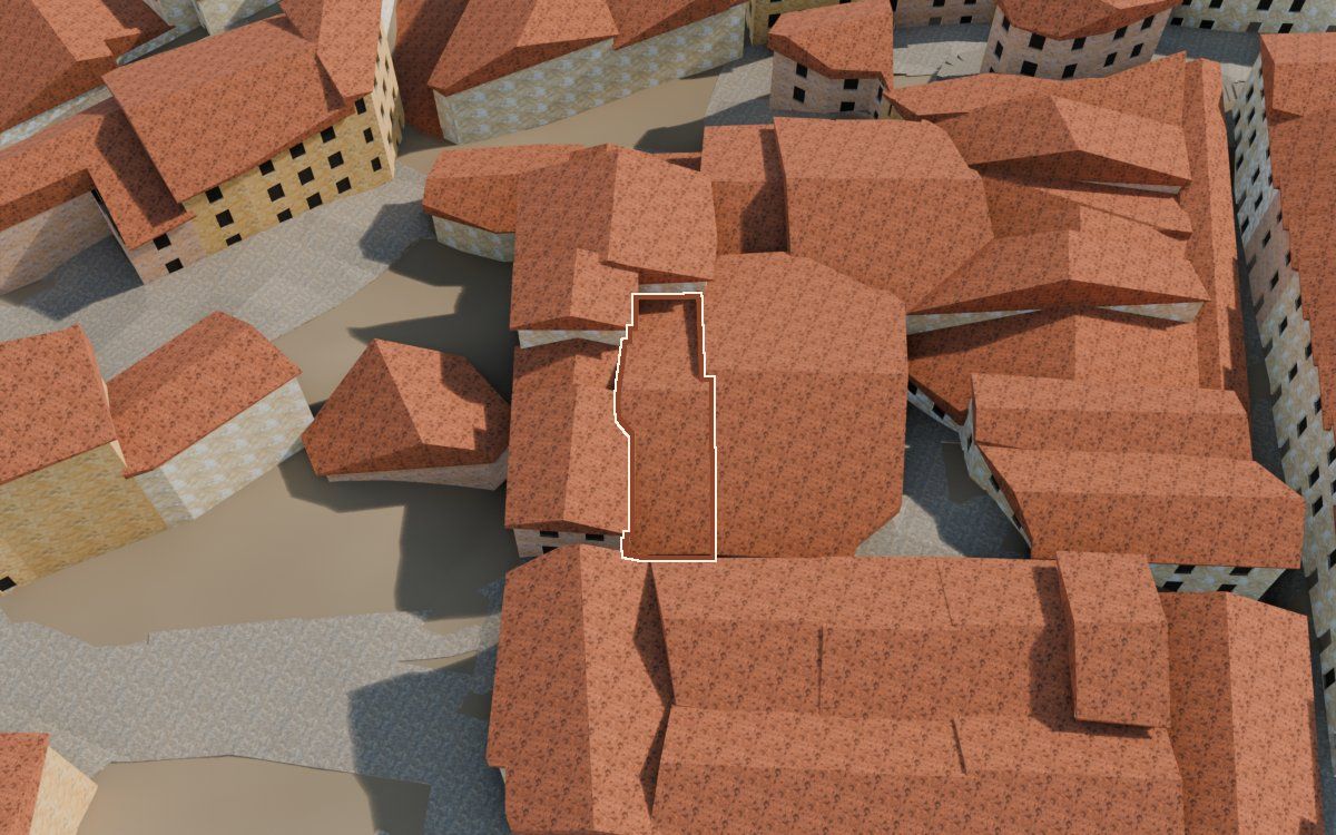 Manzana 33, n.º 9 en la reconstrucción 3D, vista desde el lado en que mejor se ve, con su contorno marcado en teja entre las casas de alrededor