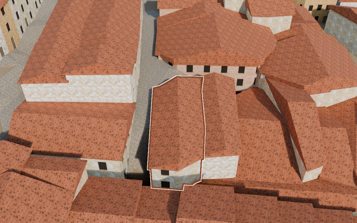 Manzana 33, n.º 18 y 27 en la reconstrucción 3D, vista desde el lado en que mejor se ve, con su contorno marcado en teja entre las casas de alrededor