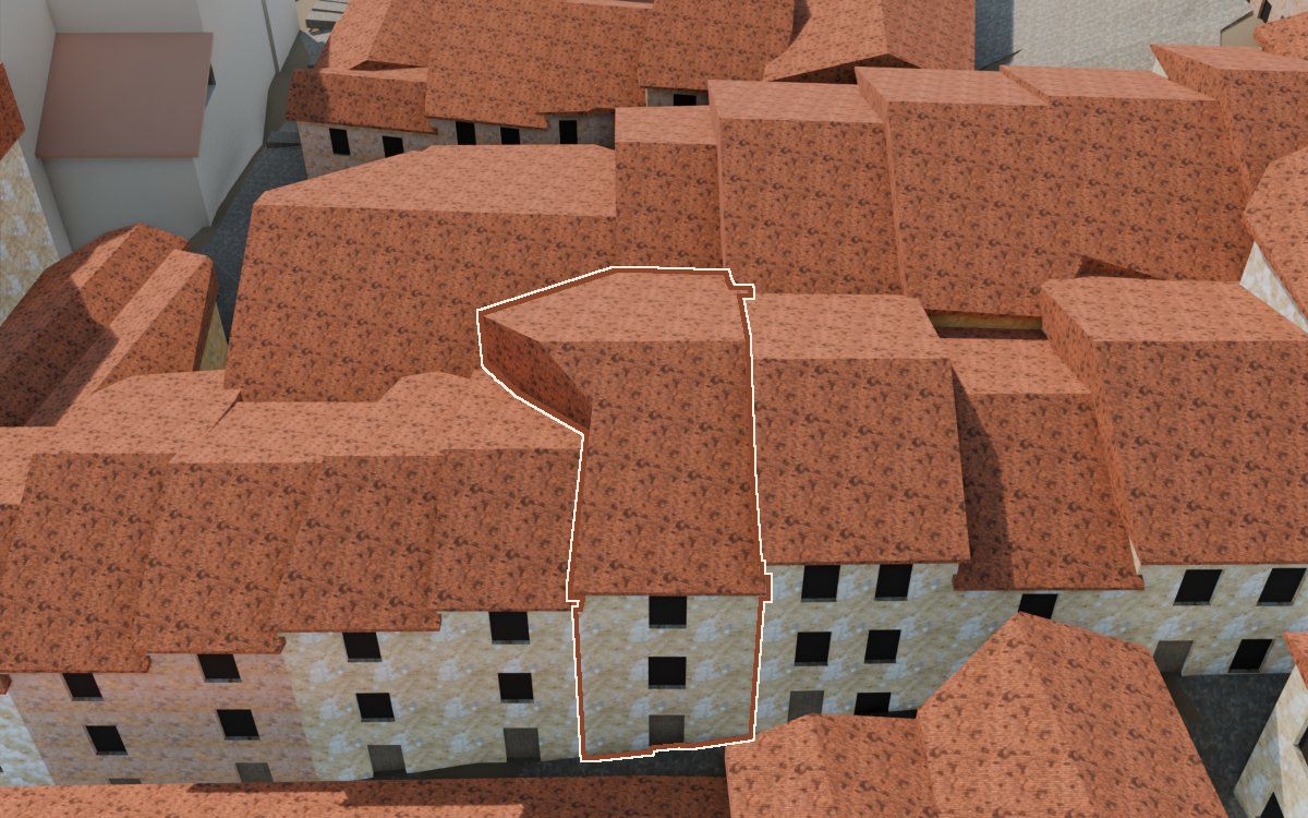 Manzana 32, n.º 22 en la reconstrucción 3D, vista desde el lado en que mejor se ve, con su contorno marcado en teja entre las casas de alrededor