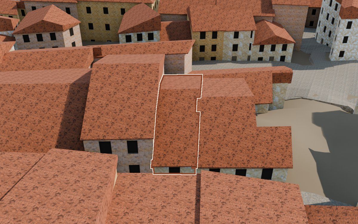 Casa del Carrer Nou (Calle Nueva) en la reconstrucción 3D, vista desde su calle, con su contorno marcado en teja entre las casas de alrededor