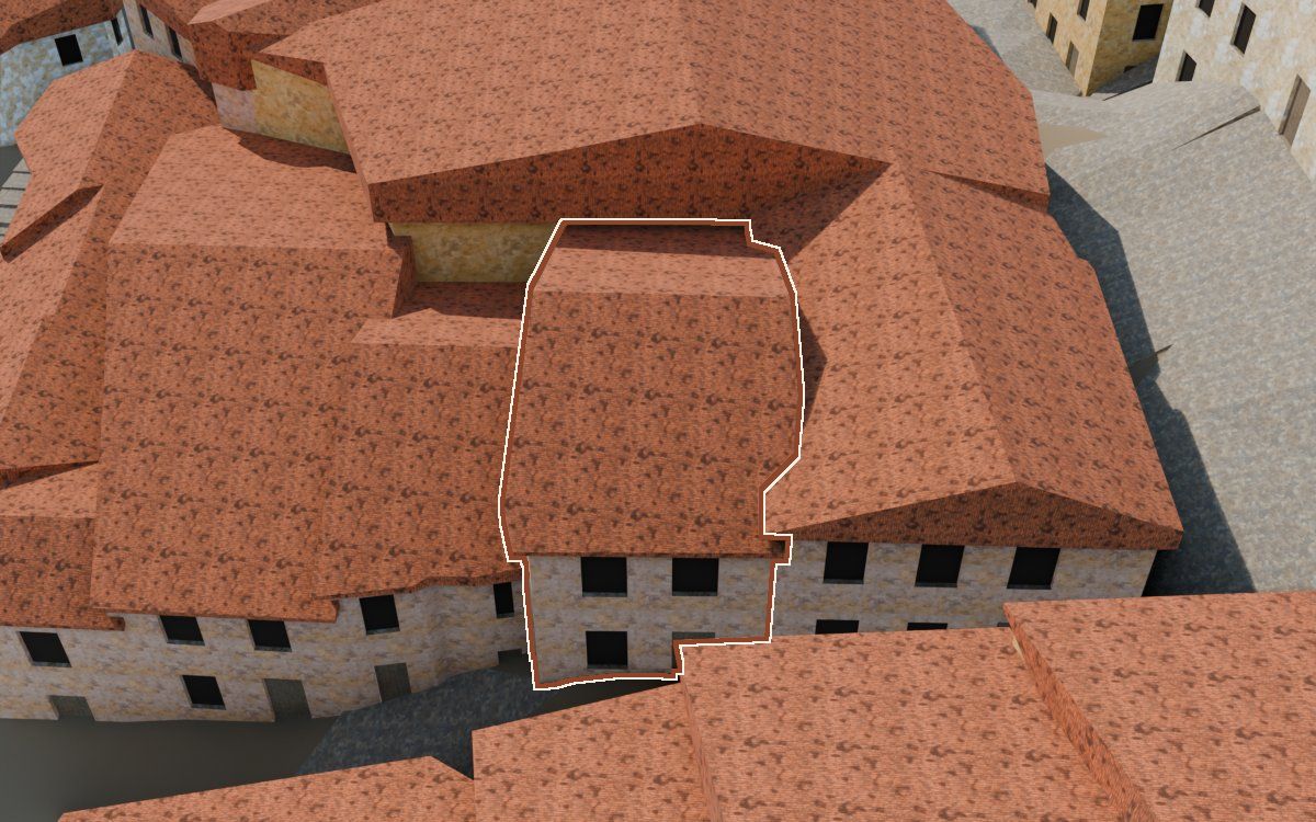 Manzana 31, n.º 18 en la reconstrucción 3D, vista desde el lado en que mejor se ve, con su contorno marcado en teja entre las casas de alrededor