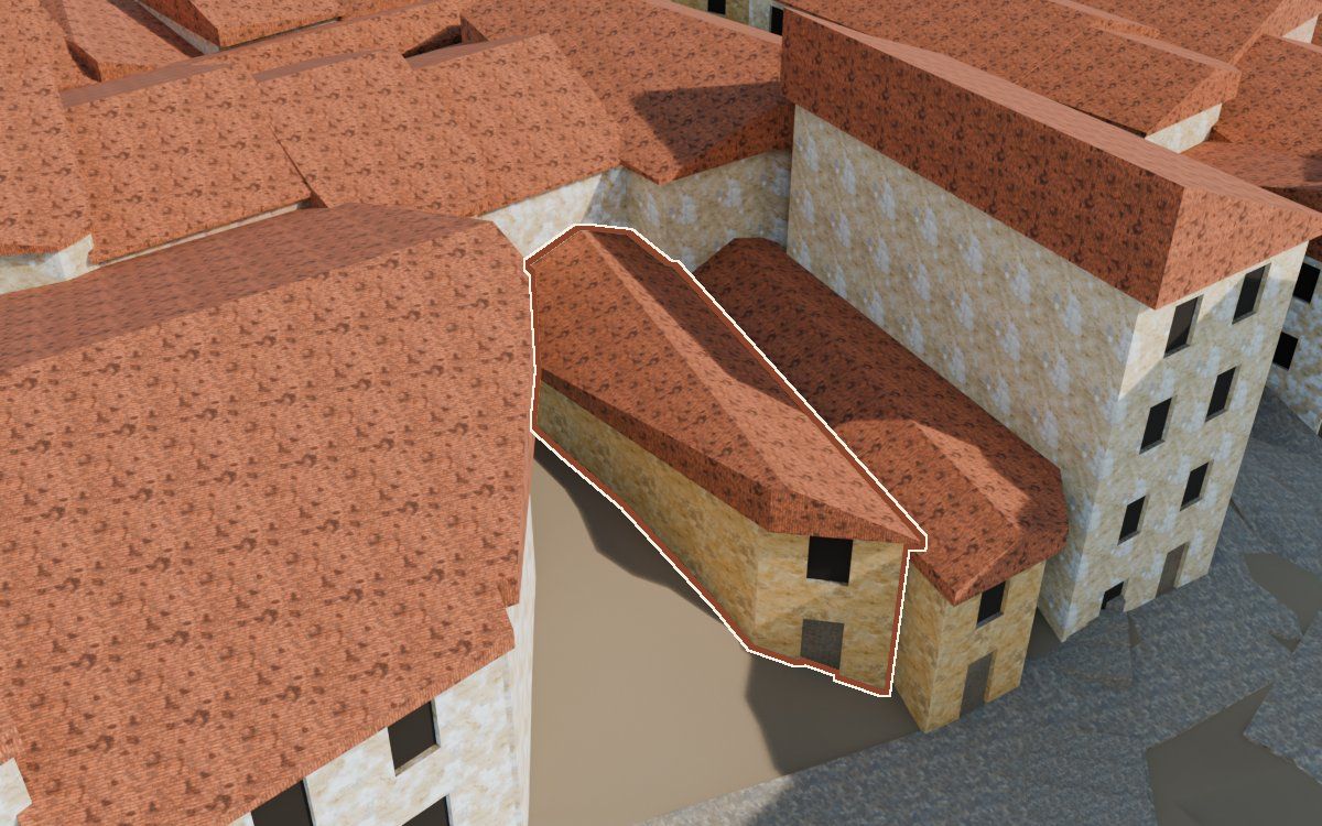 Manzana 32, n.º 4 en la reconstrucción 3D, vista desde su calle, con su contorno marcado en teja entre las casas de alrededor