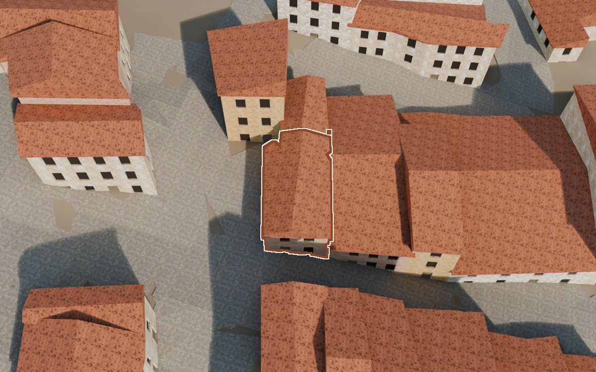 Manzana 29, n.º 4 en la reconstrucción 3D, vista desde el lado en que mejor se ve, con su contorno marcado en teja entre las casas de alrededor