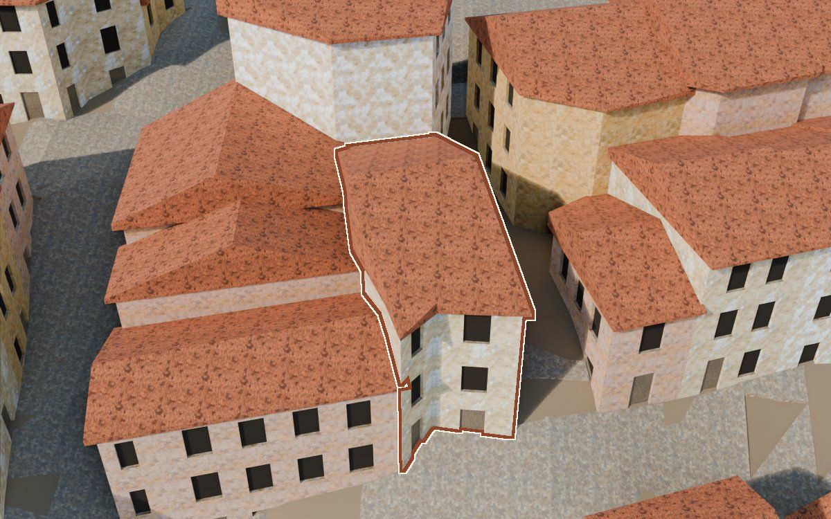 Manzana 53, n.º 9 y 8 en la reconstrucción 3D, vista desde su calle, con su contorno marcado en teja entre las casas de alrededor