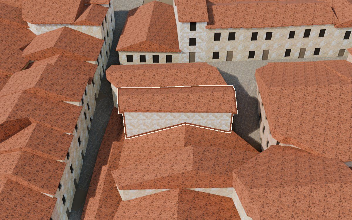 Manzana 33, n.º 14 en la reconstrucción 3D, vista desde su calle, con su contorno marcado en teja entre las casas de alrededor