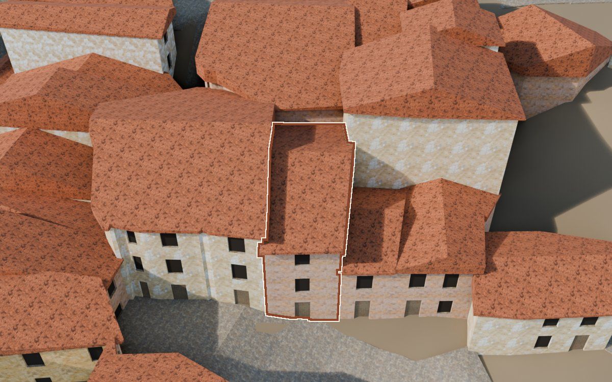 Manzana 33, n.º 24 en la reconstrucción 3D, vista desde el lado en que mejor se ve, con su contorno marcado en teja entre las casas de alrededor