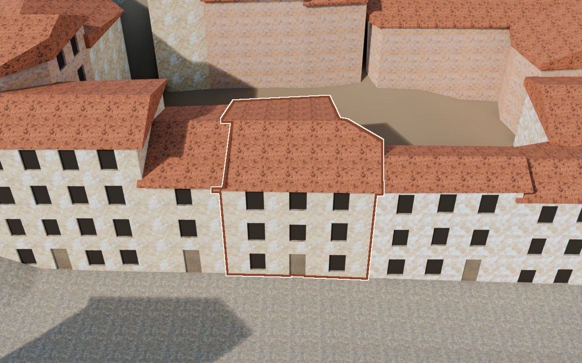 Casa del Carrer Saragossa (Calle Zaragoza) en la reconstrucción 3D, vista desde su calle, con su contorno marcado en teja entre las casas de alrededor
